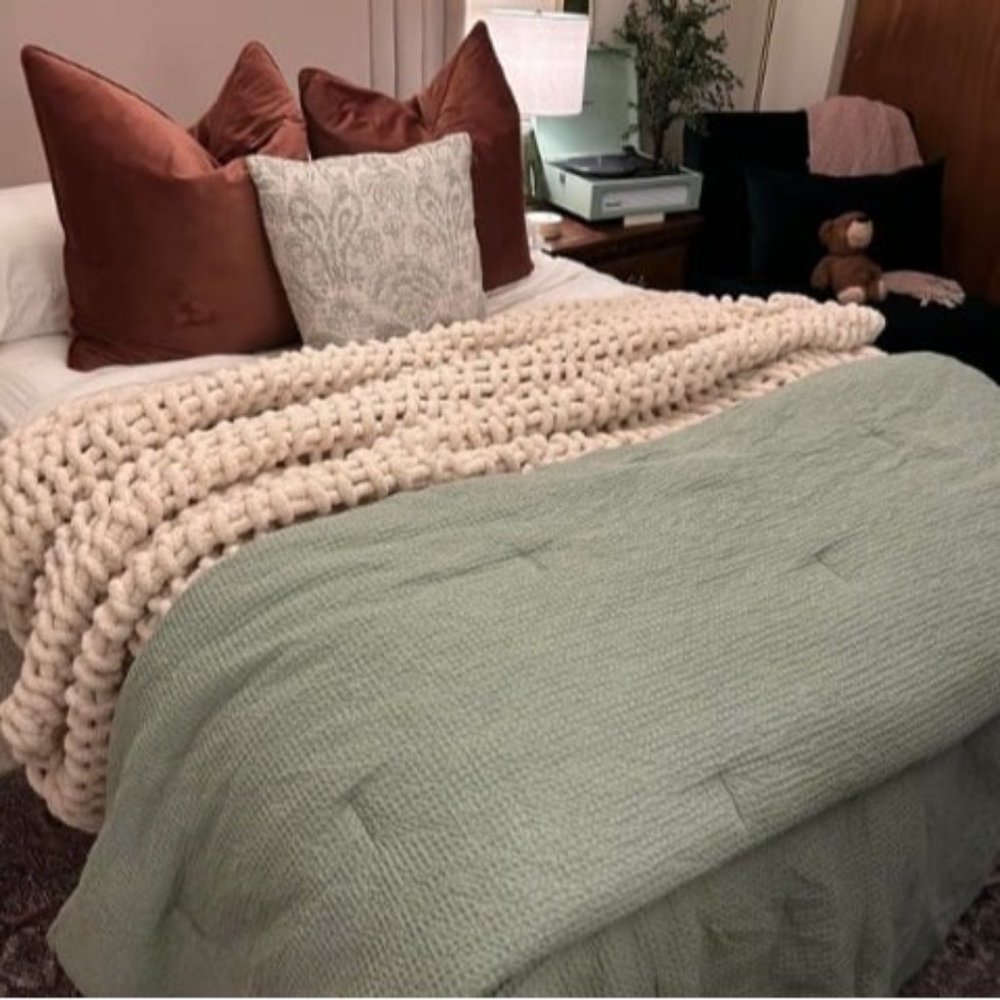 Chunky Knit Blanket Throw 51"x63", 100% Hand Knitted Chenille Throw Blanket